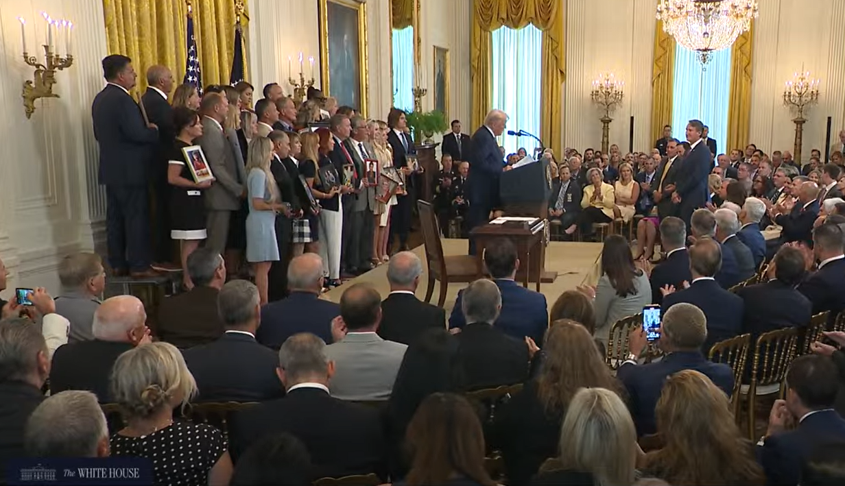 President Donald Trump recognizes North Dakota Gov. Kelly Armstrong, Virginia Gov. Glenn Youngkin and Louisiana Gov. Jeff Landry during a signing ceremony Wednesday at the White House for the HALT Fentanyl Act.