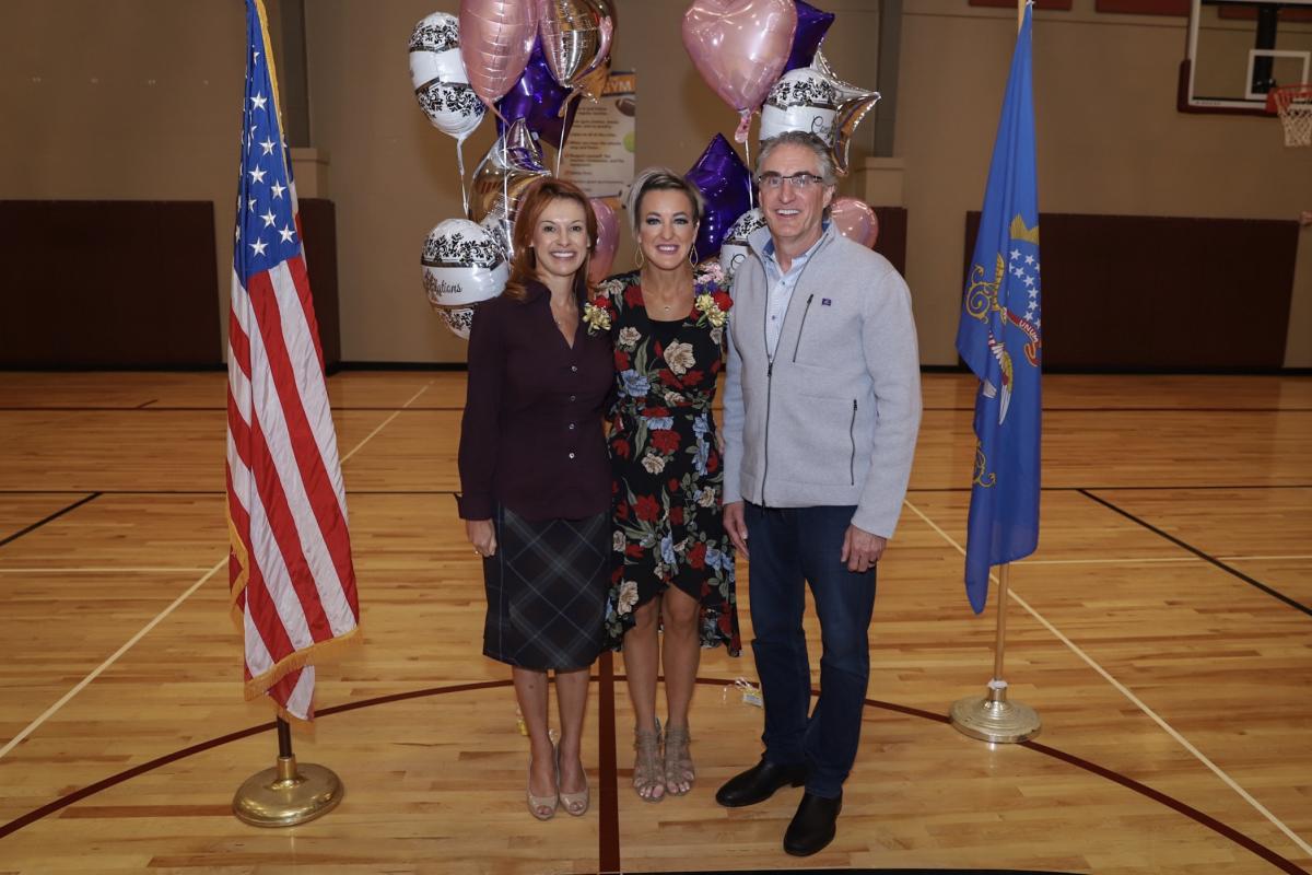 State Superintendent Kirsten Baesler, teacher of the year Kayla Delzer, and Governor Doug Burgum